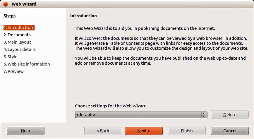 Exporting web pages using the Web Wizard You can use the Web Wizard to create several types of standard web pages from all LibreOffice components except Math.