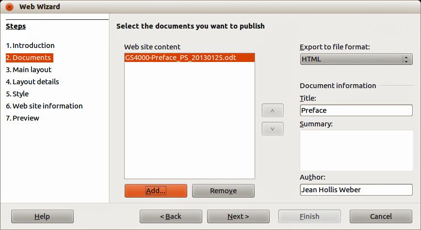 The Web Wizard is linked to Writer and is normally used in Writer for creating web pages. 1) Go to File > Wizards > Web Page on the menu bar to open the Web Wizard dialog.