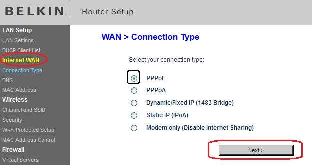 STEP 3: Go to Internet WAN and Click on Connection Type Select PPPoE and Click on next, Type the