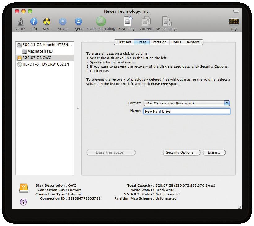 ➂ Chapter 2 - Formatting Once you ve selected the OWC device, you will notice the above change in the Disk Utility application. Click on the Erase tab in this picture.