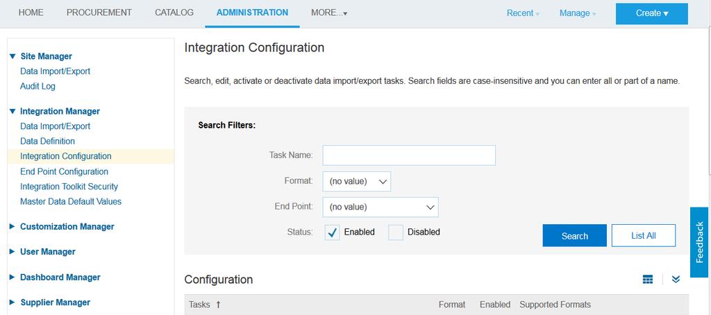 2. From the left menu, click Integration Manager and then click Integration Configuration. 3.