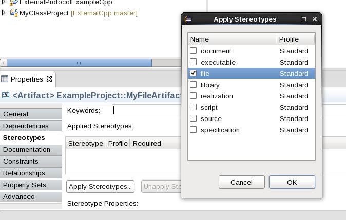 Then apply the file stereotype, e.g. using property pages. When generating code for the project the file artifact will generate one implementation and one header file similar to e.g. regular classes or capsules.