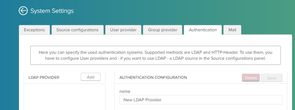 In order to allow your users to log into Celonis with their familiar credentials you have to configure the LDAP authentication in the Authentication tab. 19. Add a new LDAP-Provider 20.