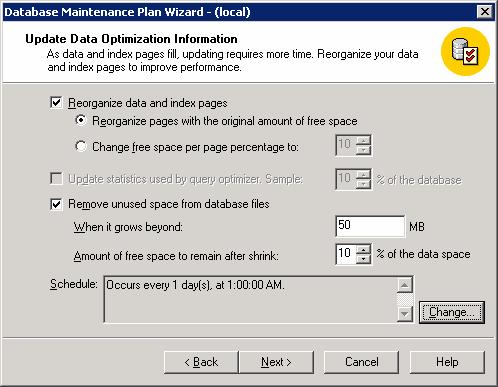 This dialog includes the following options: Reorganize data and index pages - Reorganizing data and index pages can reestablish the free space.