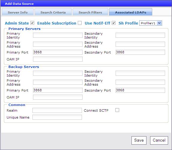Managing MPE Devices 1. Admin State Enable this data source. Selected by default. 2. Enable Subscription Enable the Sh subscribe/notify function to manage dynamic profile changes.