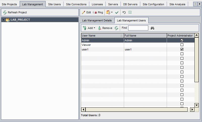 Chapter 2: Lab Management Administration Lab Management Tab The Lab Management tab in Site Administration enables you to manage LAB_PROJECT project details and define Lab Management users who are