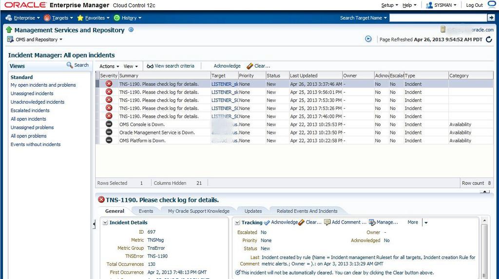Manager see the Oracle Enterprise Manager 12c Cloud Control Administrator s Guide. Below is a list of some of the places to check for events and/or incidents. 1. OMS and Repository Events and Incidents Click on Setup / Manage Cloud Control / Health Overview.