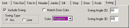 Change Swing characteristics: Click on the Swing tab. Toggle Match Door Color off (no checkmark) and select Magenta from the Color pull-down menu. Change Swing Angle 2D to 60.
