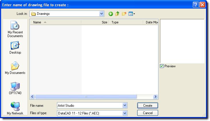 5. Click on Create or press [Enter]. Your file name appears on the title bar above the standard toolbars, menu options, and a blank drawing window.