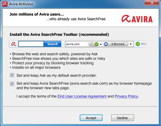 Installation and uninstallation 3.6.2 Installing Avira SearchFree Toolbar At the end of the setup you can install the Avira SearchFree Toolbar.