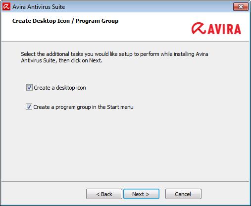 Installation and uninstallation To create a desktop shortcut for Avira Antivirus Suite and/or a program group in the Start menu leave the option(s) activated. 3.