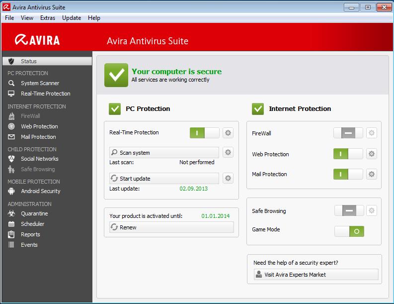 Overview of Avira Antivirus Suite The Control Center window is divided into three areas: The Menu bar, the Navigation area and the detail window Status: Menu bar: In the Control Center menu bar, you