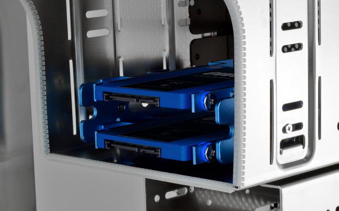 5 inch Multi-Mount brackets installed in both a 5.25 inch drive bay (left), and a 3.5 inch drive bay (right). Depending on the computer case being used, the methods of installation will vary.