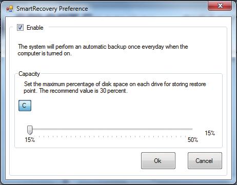 The Smart Recovery Preference dialog box: Button Function Enable (Note 2) Enables automatic daily backup Capacity Sets the percentage of hard drive space used for (Note 3) saving backups The hard