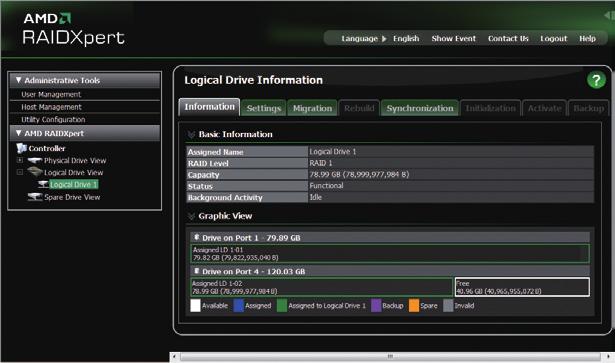 Step 2: Select the RAID array to be rebuilt under Logical Drive View and click the Rebuild tab in the Logical Drive Information