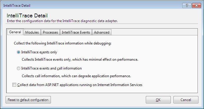 Web Performance Testing Select IntelliTrace from the Data and Diagnostics for selected role section and click on the Configure option to open the configuration page.