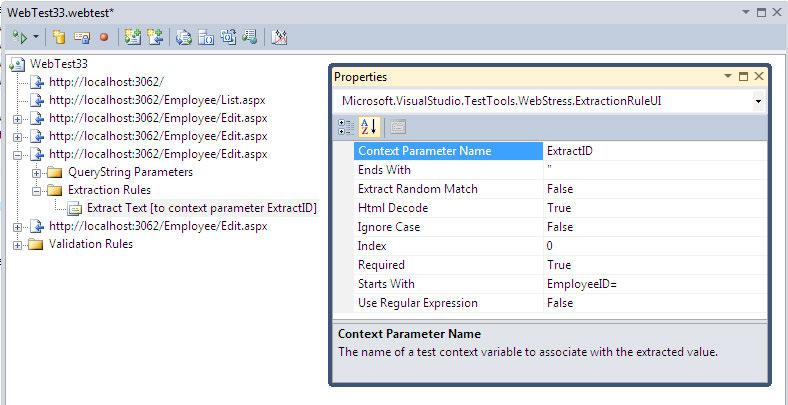 The extraction rule added to the recorded web request extracts the text value from the query string and assigns it to the parameter.