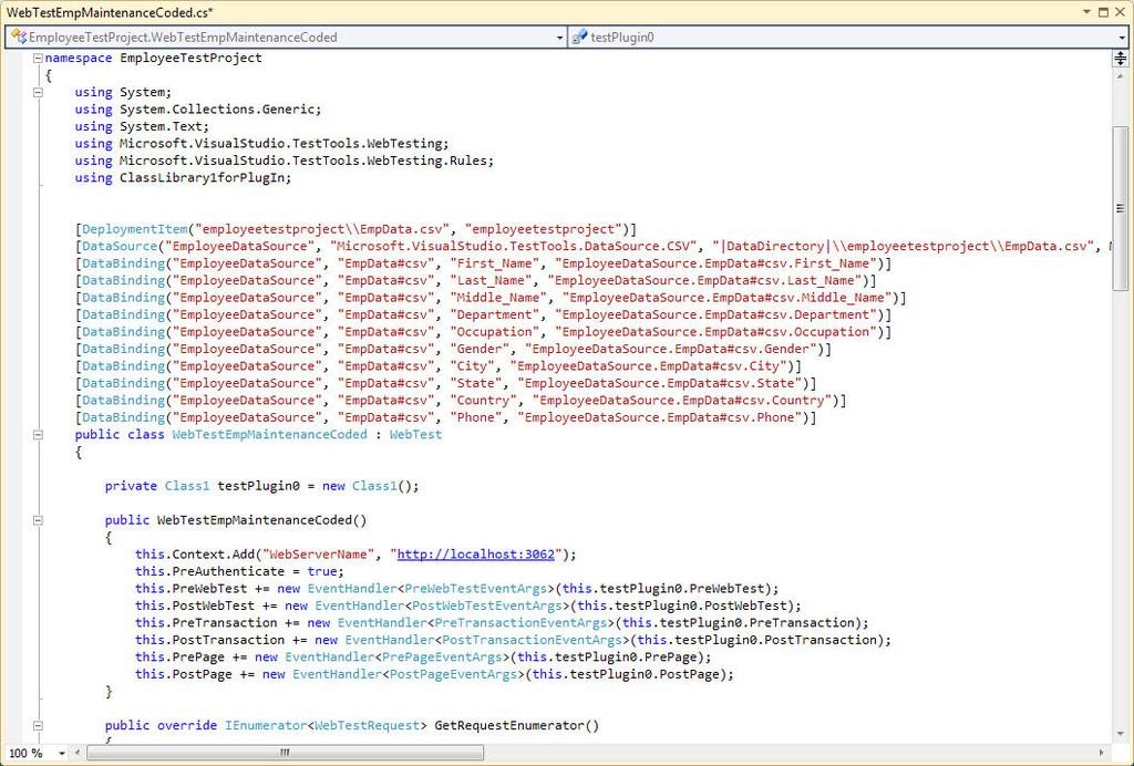 Chapter 6 The code in the preceding screenshot uses the following namespaces, which contain the classes required for Web Performance Testing: using Microsoft.VisualStudio. TestTools.