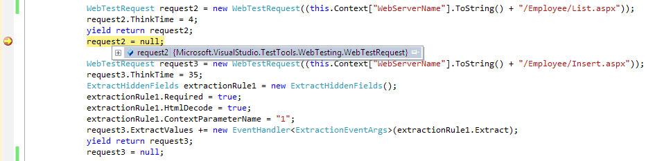 Advanced Web Testing For example, the following screenshot shows the Web Performance Test with a couple of breakpoints at different locations.