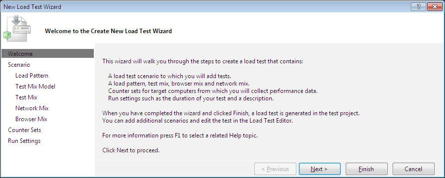Load Testing Both the preceding options open the New Load Test Wizard shown as follows: The wizard contains four different sets with multiple pages, which collect the parameters and configuration