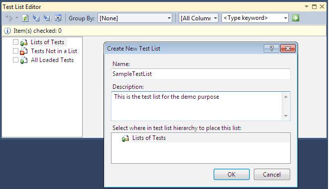 Chapter 9 Select the New Test List... option after selecting and right-clicking the List of Tests node. There will be a new screen for entering the Test List Name and Description.
