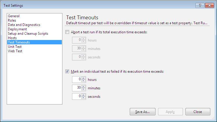 Managing and Configuring Test Test Timeouts These values are specified to set the time limit value during the test run. We cannot wait for long for the test to complete.