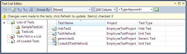 For example, the following image shows two different Test Lists which contain different tests added to the list from all the available tests in the solution: Chapter 10 Any change or update