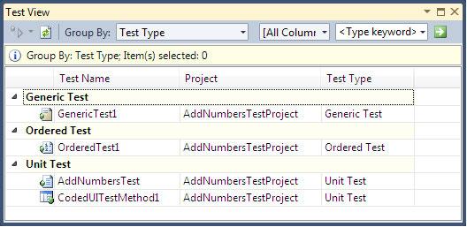 Visual Studio 2010 Test Types The following screenshot shows the tests grouped by Test Type. There are two unit tests, one Generic test, and one Ordered test.