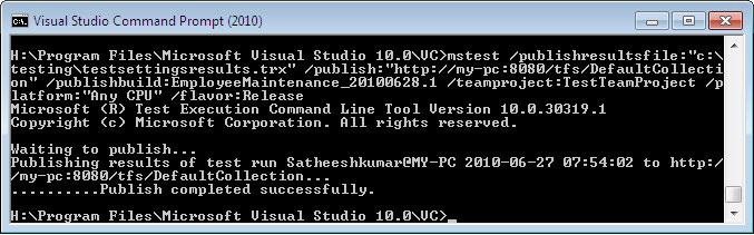 Command Line Step 5: Publish result So far we have run the test and created the test results trace file and also built the project using build definition.