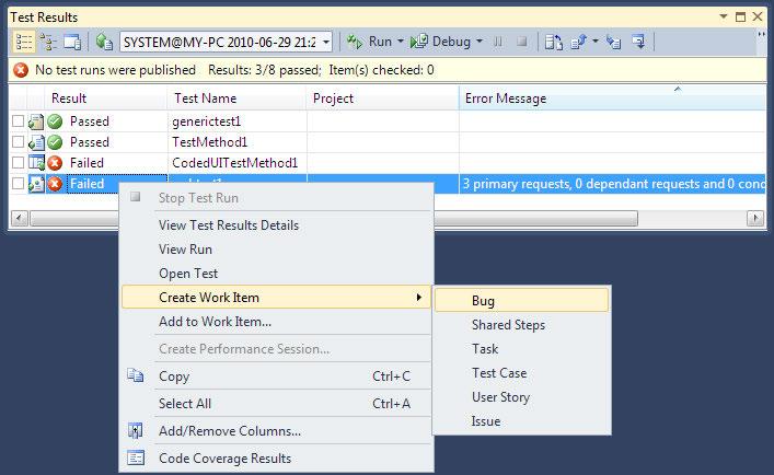 The following screenshot shows the option to add a work item using the Menu option in Visual Studio. The option lists the different types of work items.