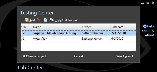 Test and Lab Center Connect to Team Project The Test Manager tool requires to be connected to Team Foundation Server to store all Test Plans, Test Suites, Environments, and Test Results.