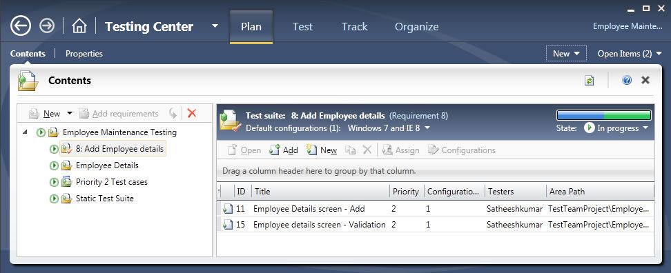 Chapter 13 After selecting or creating the Test Plan, you can see the Testing Center open with existing Test Suites and Test Cases.