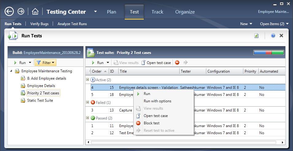 Test and Lab Center Testing Center Test The Test tab contains three different sub-tabs: Run Tests, Verify Bugs, and Analyze Test Runs.