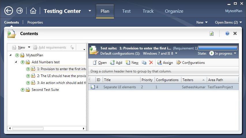 Visual Studio 2010 Test Types Test Plans, Suites and Test Cases The Test Plan window in the Testing Center allows for the creation of new Test Suites, test cases, and adding test cases based on the
