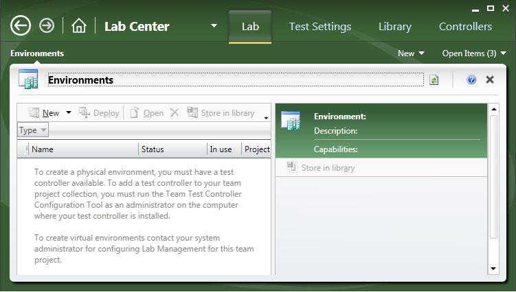 Visual Studio 2010 Test Types Lab Center The Lab center in MTM helps us to create and configure different virtual/ physical environments for the test runs, test settings such as defining the roles