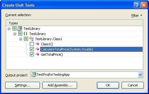 Unit Testing 3. Once the Create Unit Tests... option is selected, we can see the window that displays all the projects and all the methods within the class from where we selected the method.