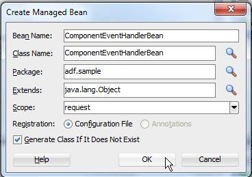 In the opened dialog, create or select a managed bean to define the event listener code in.