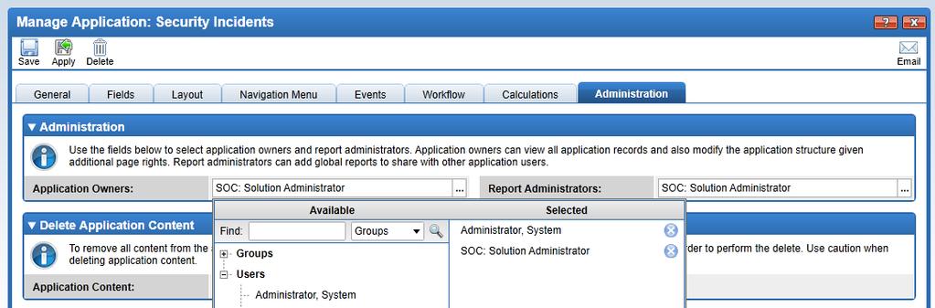 3. Under the Administration tab, add the service account user to the Application Owners list and click
