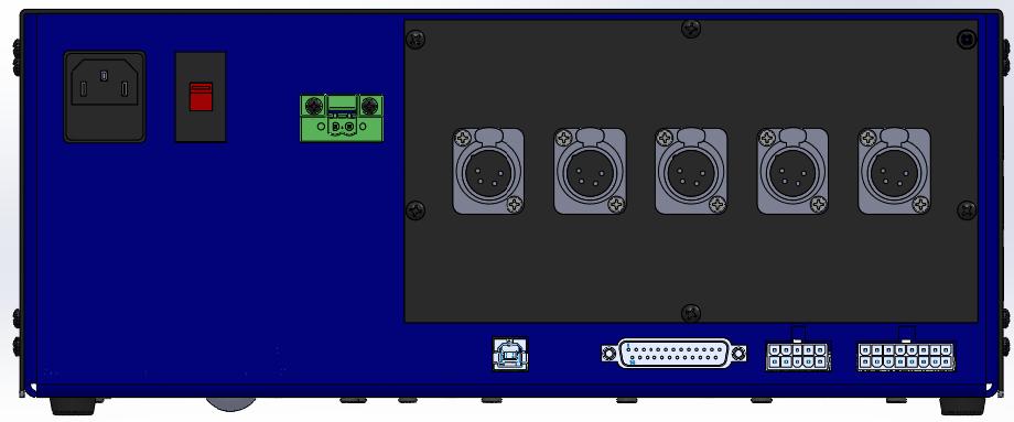 Power Inlet Voltage Selector Relay Output FlashCut CNC Section Stepper CNC Controller 7 Motor Connectors Fuse USB DB-5 Connector Outputs Inputs The rear panel has connectors for input and output