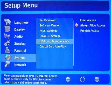 The internet connection may be restricted while using BD Live contents. BD Live Internet Connection 1. During STOP mode, press SETUP button or select Setup in the Media Launcher.