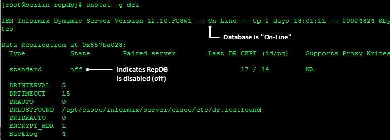 Failover and Recovery 14 As root user, type the following command and press Enter. The output should indicate that the database as On-Line with a data replication state set to off.