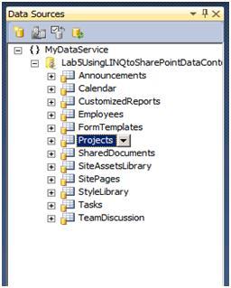 Figure 5 The Data Sources window Note: If you don t see data sources listed in the Data Sources window, right-click the MyDataService reference in the Solution Explorer and select Update Service