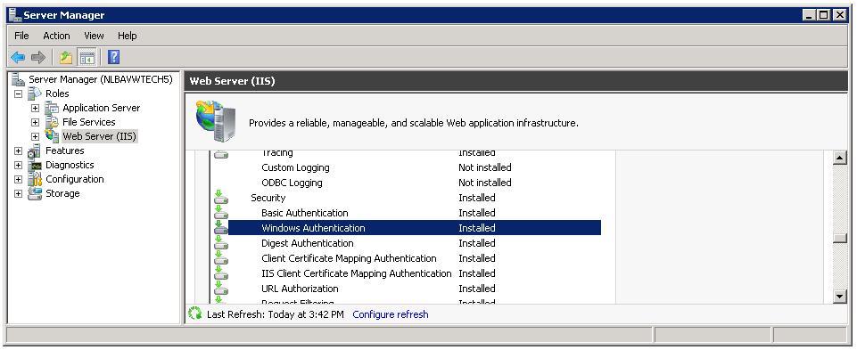 Installation Add the Role Service for Windows Authentication if it is not installed yet.