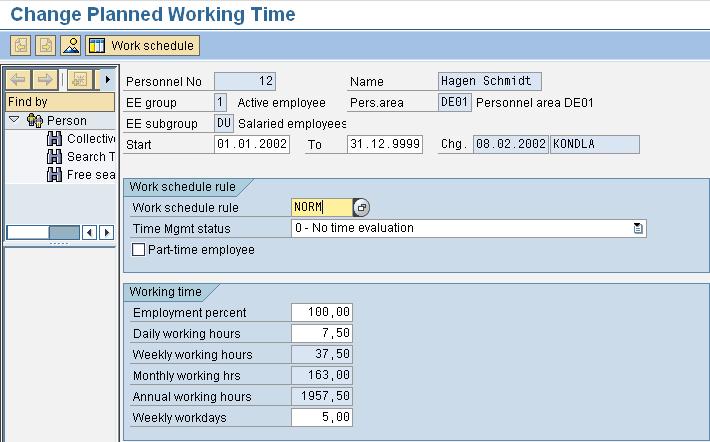 Ch 3 Handling Calendars 29 Figure 21: Work Schedule Rule of a HR person Figure 22 shows the assignment of a Work Schedule Rule in the infotype 0007 (Planned working time) of a