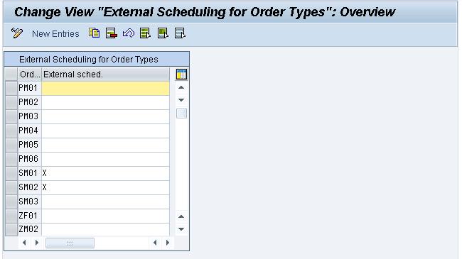 Select that order type you want to schedule using an external scheduling system and mark it with an X. Figure 44: Activate external scheduling for selected order types 2.