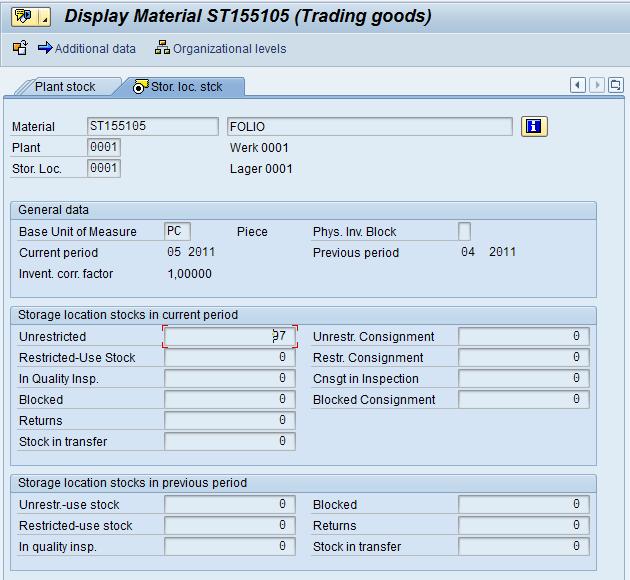 Ch 7 Handling Parts 65 Figure 53: Storage location data of a part in S/4HANA For each storage location and each material the unrestricted available quantity is defined as shown in Figure 53.