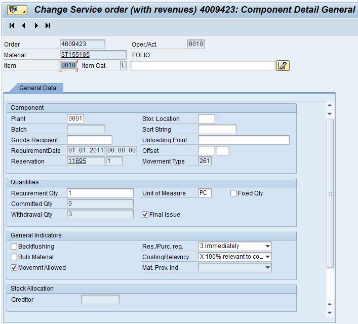 Ch 7 Handling Parts 66 Figure 54: Assignment of components in an S/4HANA order operation After a part was used in S/4HANA a goods issue is posted.