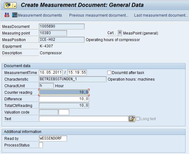 Ch 10 Handling Measurements 76 Figure 61: Measurement document in S/4HANA (transaction IK11) Replication of the Measurement to FSE The replication of historic information into FSE is triggered by the