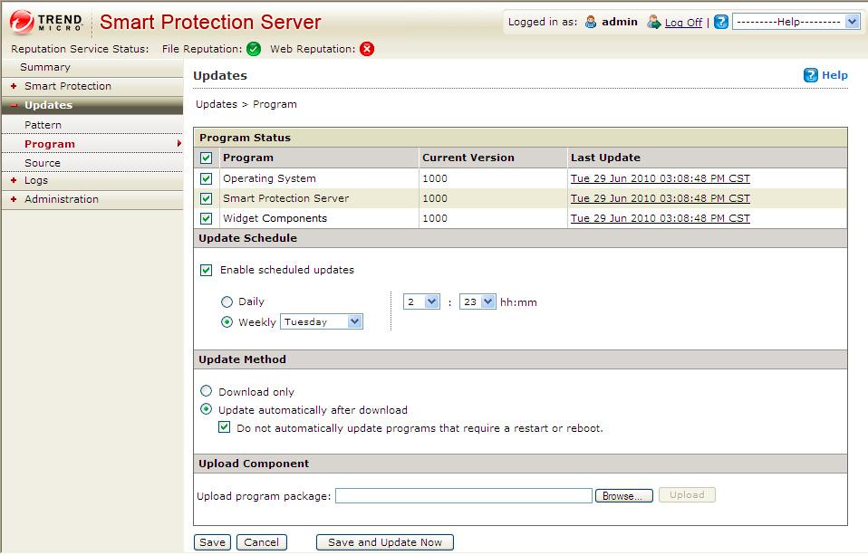 Trend Micro Smart Protection Server 3.3 Administrator's Guide 3. Select one of the following update methods: Download only: Select this check box to download program files without installing them.