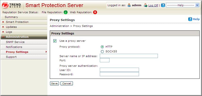 Trend Micro Smart Protection Server 3.3 Administrator's Guide Proxy Settings If you use a proxy server in the network, proxy settings. These are the options available on this screen.